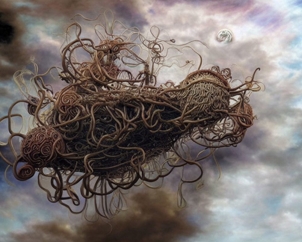 Surreal artwork featuring tangled brown shapes and vines against cloudy sky