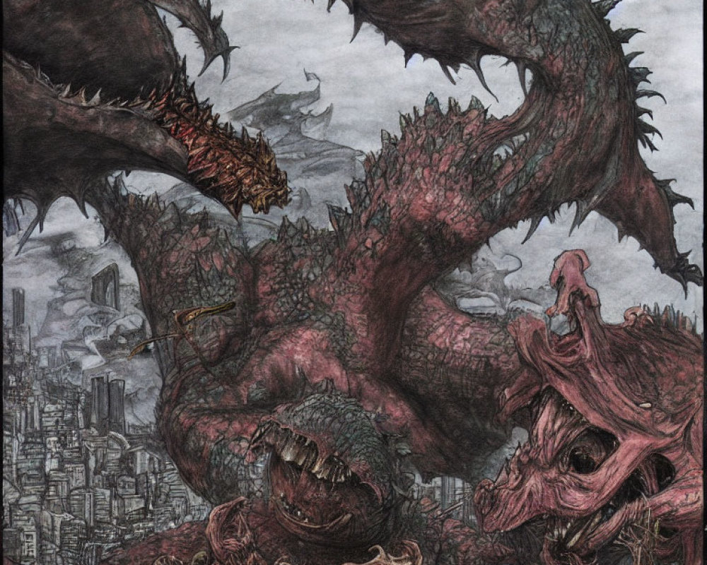 Detailed Illustration: Massive Multi-Headed Dragon Rampaging Cityscape