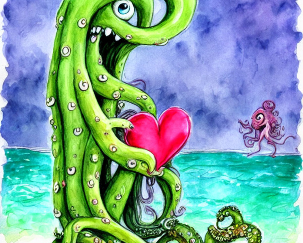 Whimsical green octopus holding red heart on blue watercolor backdrop