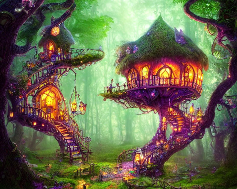 Enchanting forest with magical treehouses and winding staircases