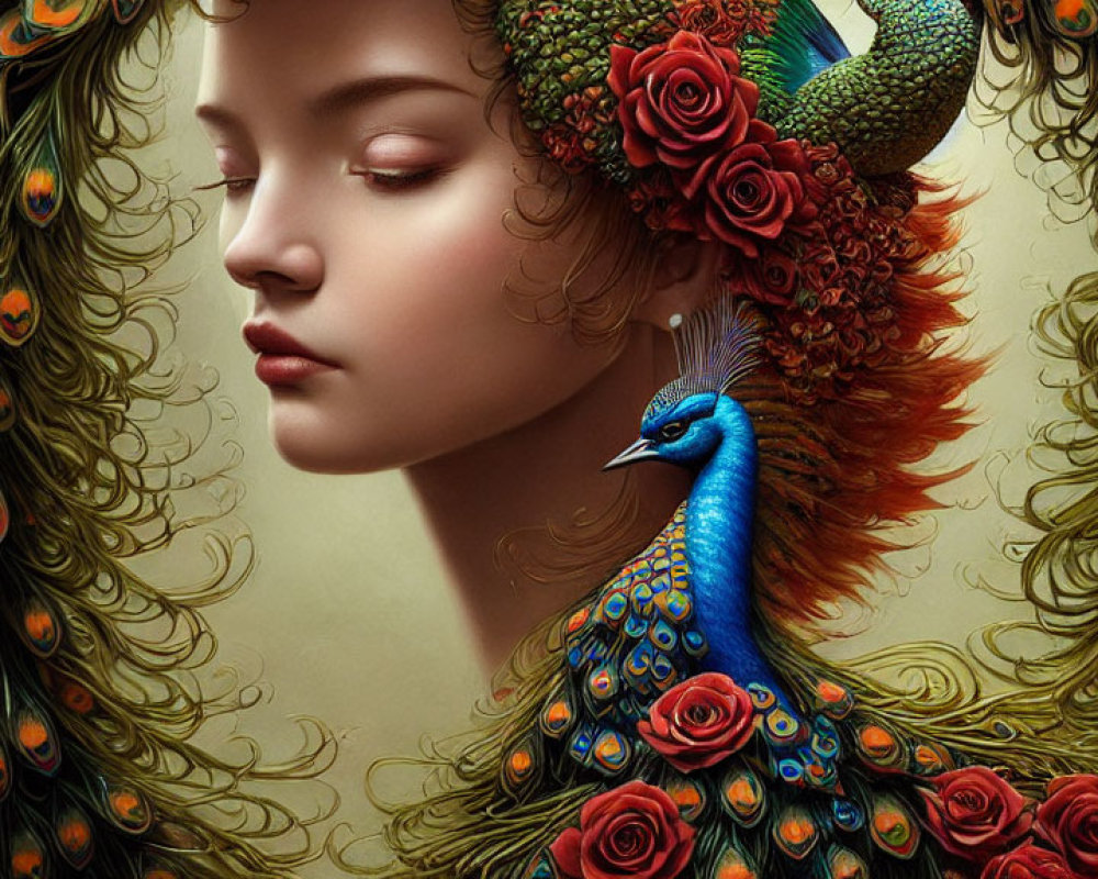 Vibrant peacock-themed digital portrait of a serene woman