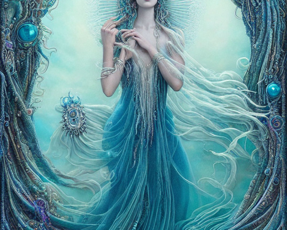 Elaborate Blue Gown: Mystical Woman with Peacock Feathers