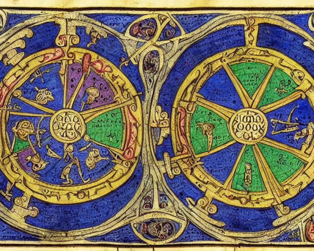 Medieval illuminated manuscript: intricate astronomical diagram with zodiac signs on blue background