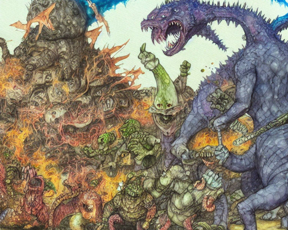 Detailed fantasy illustration of orc army and fire-breathing dragon in battle