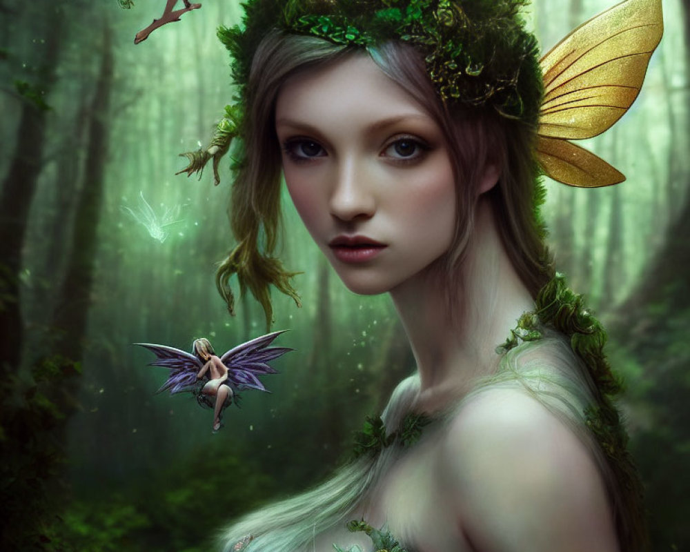 Enchanting forest scene with fairy woman, leaf crown, and winged fairies