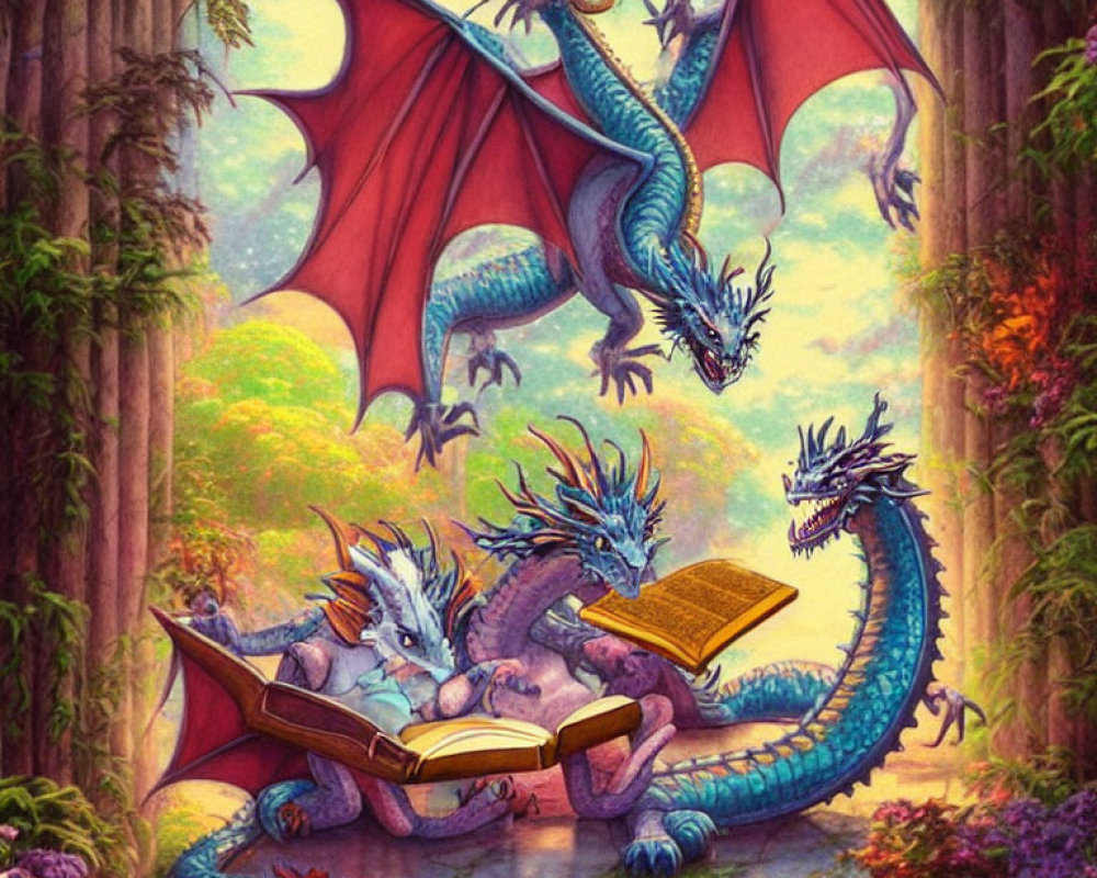 Blue multi-headed dragon reading in enchanted forest with flowers.