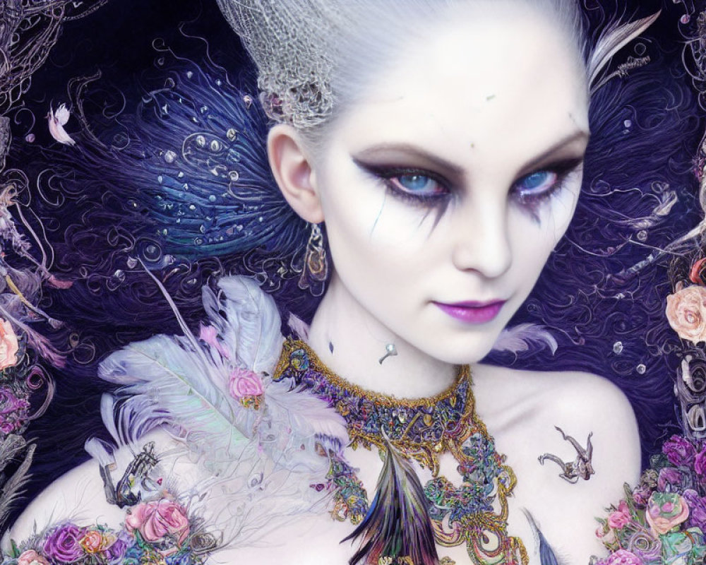 Fantasy portrait featuring female figure with violet eyes, adorned with jewelry, lace, feathers, and orn