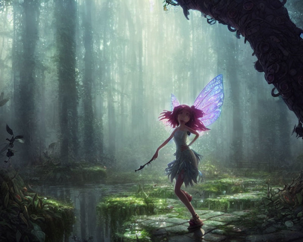 Iridescent-winged fairy in enchanting forest with serene pond