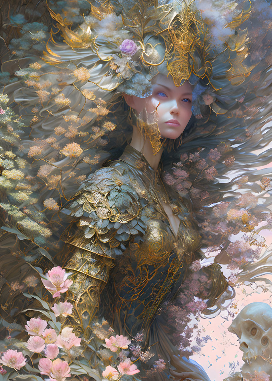 Elaborate gold and floral headgear on pensive figure in dreamlike scene