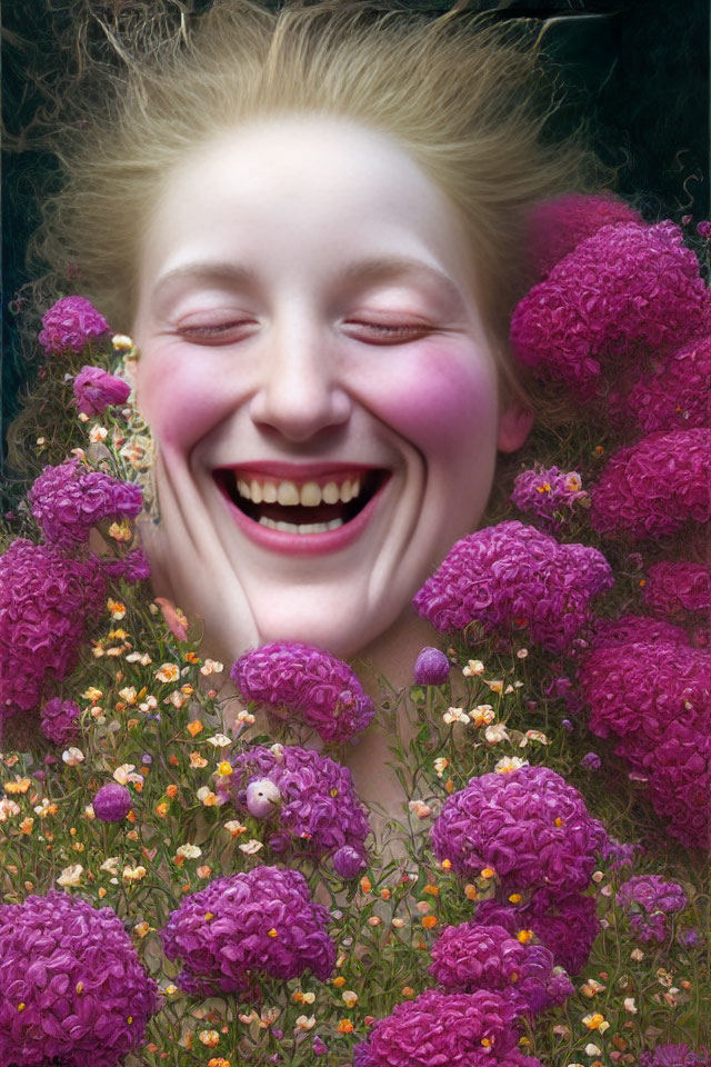 Smiling woman surrounded by pink and purple flowers on dark background