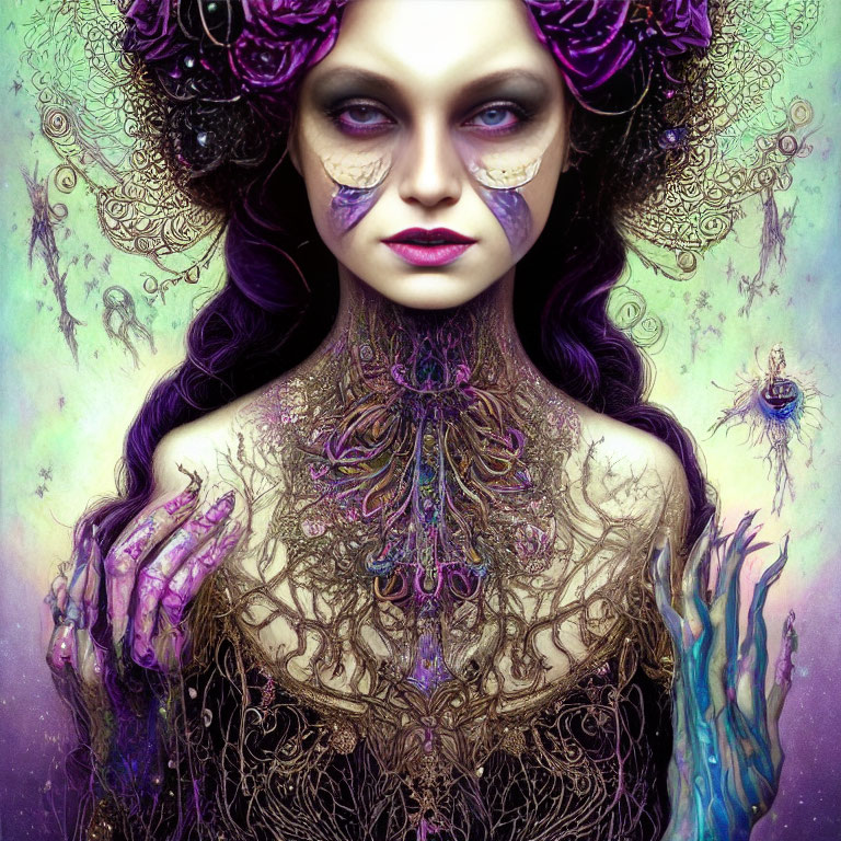 Fantastical portrait of a woman with purple floral headpieces and intricate body art