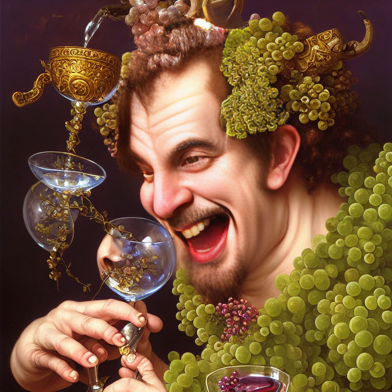 Man with satyr-like features enjoying wine and grapes in whimsical art piece