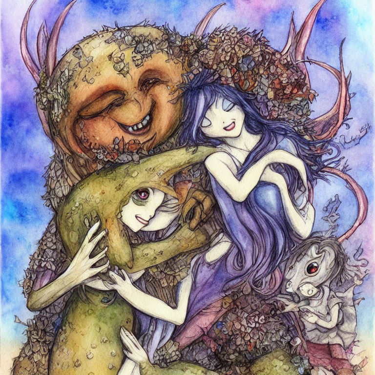 Whimsical creatures and girl with moon in colorful embrace