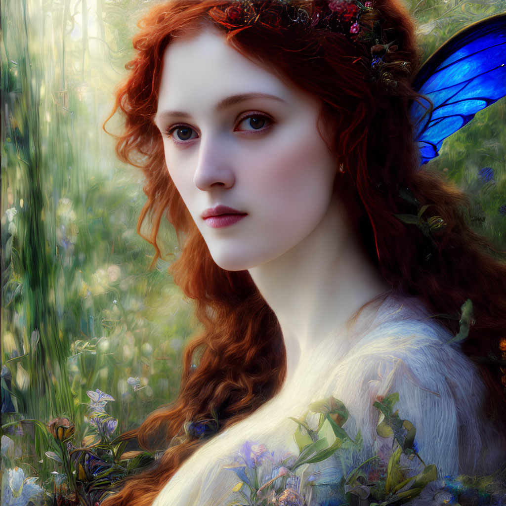 Digital illustration: Red-haired fairy with blue wings and floral crown in ethereal forest