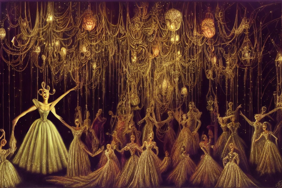 Golden Dresses and Chandeliers Illuminate Fantasy Ballroom