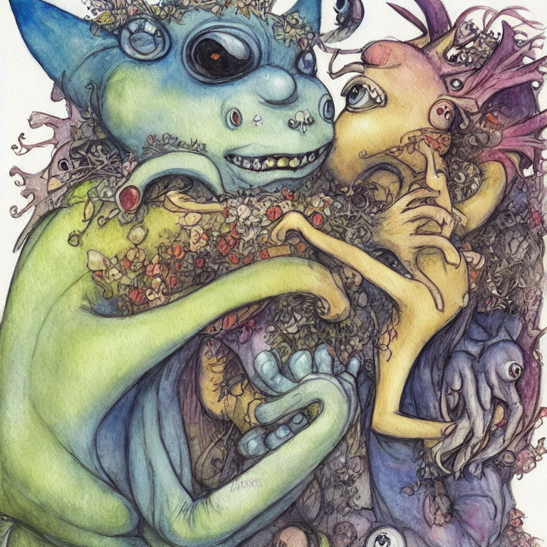 Whimsical blue creature hugging pink crowned figure in detailed illustration