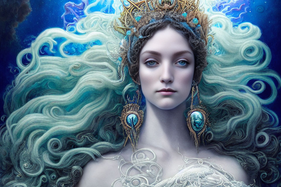 Fantastical image: Woman with flowing blue hair, regal crown, and cosmic backdrop