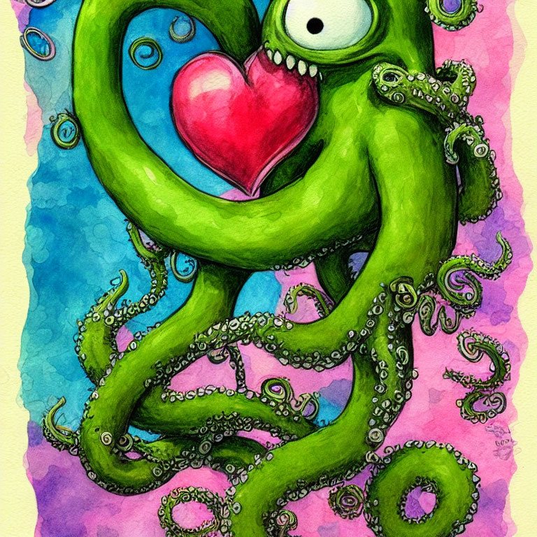 Colorful Watercolor Painting of Green Octopus Embracing Red Heart