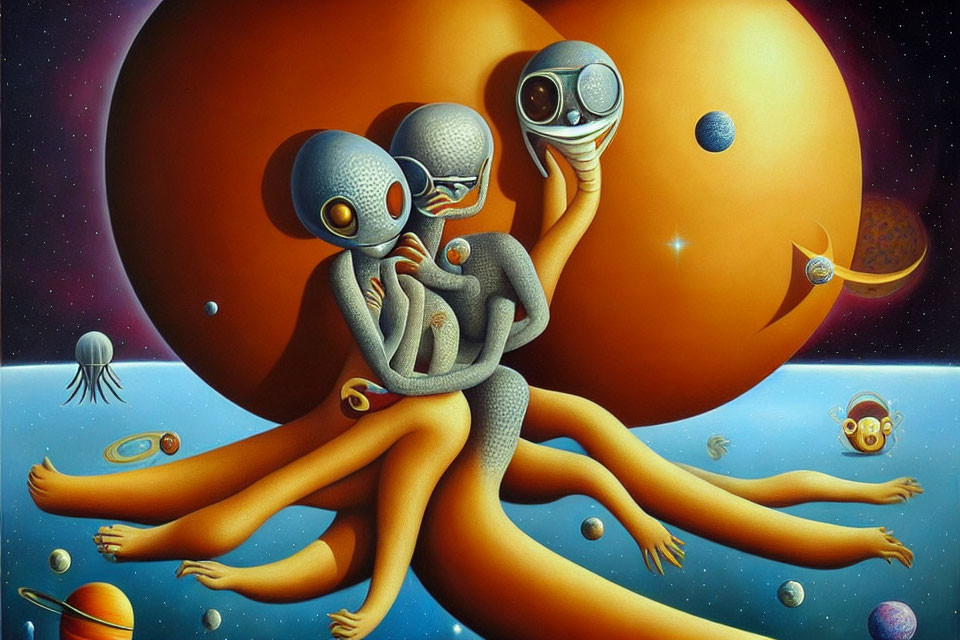 Surreal painting featuring multi-limbed aliens embracing amid planets and stars