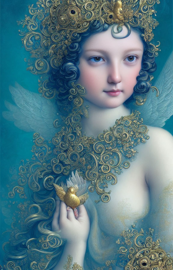 Fantasy image of person with gold filigree headpiece and bird, intricate patterns.