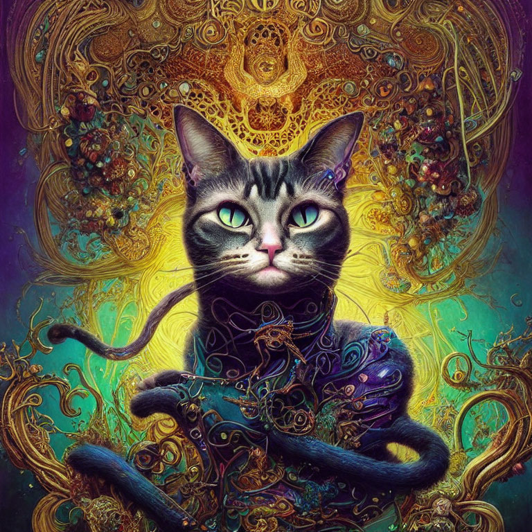 Colorful surreal cat with human-like arms in intricate background.