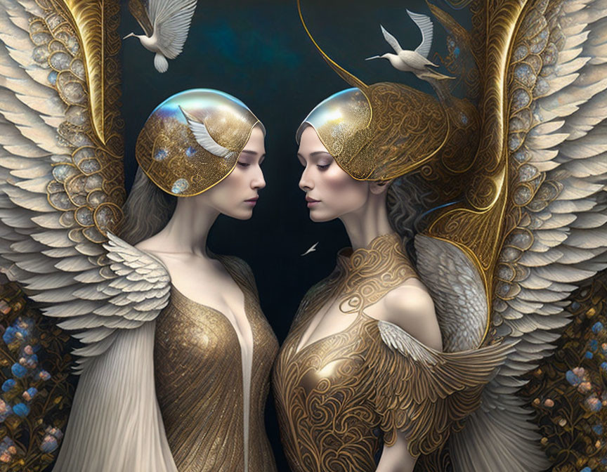 Symmetrical female figures with angelic wings and gold helmets in serene blue setting