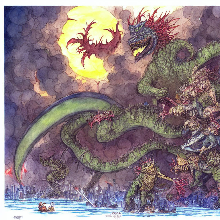 Fantastical green dragon and smaller dragons over burning cityscape under orange moon.