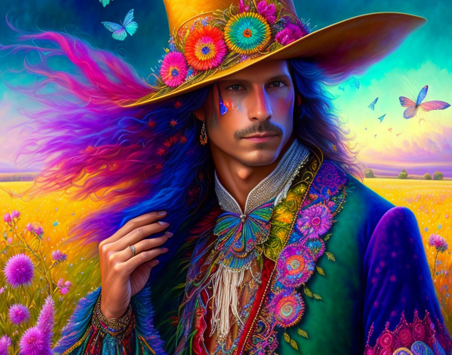 Colorful digital portrait of a man in flamboyant hat and vibrant jacket in a blooming field