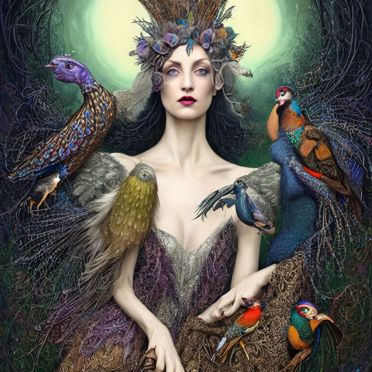 Colorful bird-themed headdress woman surrounded by birds in mystical forest landscape