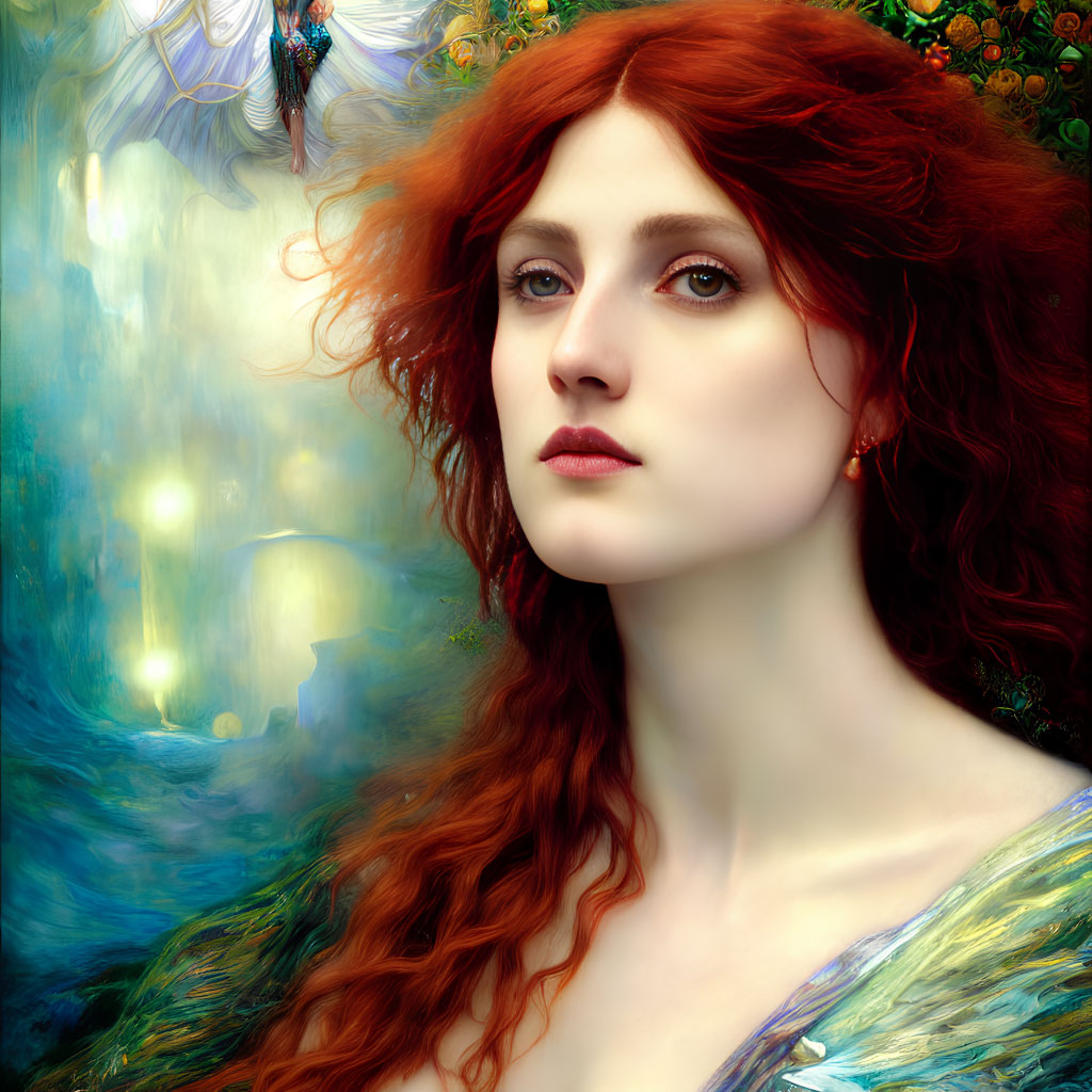 Vibrant red-haired woman against mystical forest backdrop