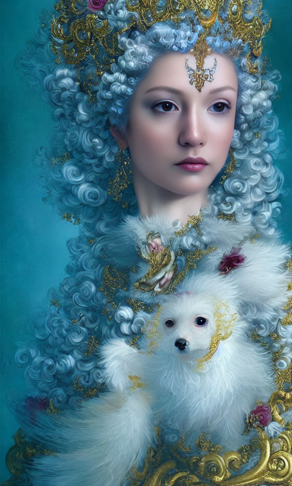 Baroque-style woman in ornate attire with white curls and small dog