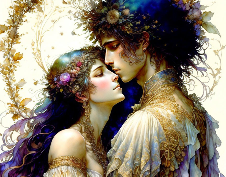 Romantic Couple Embracing in Ornate Attire with Floral Motif