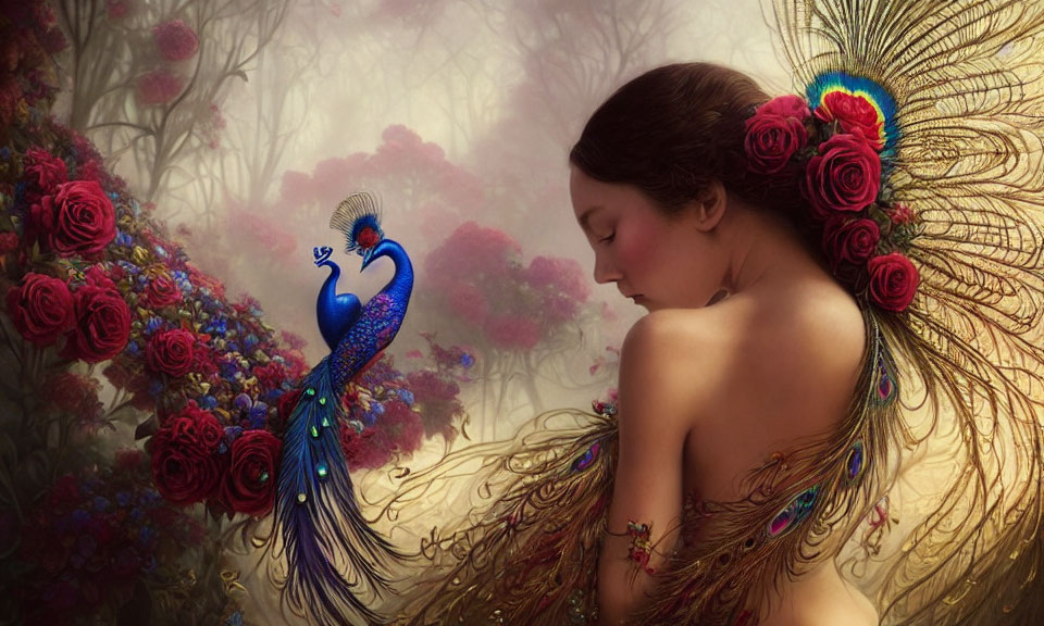 Fantasy illustration of woman with peacock hair in misty garden
