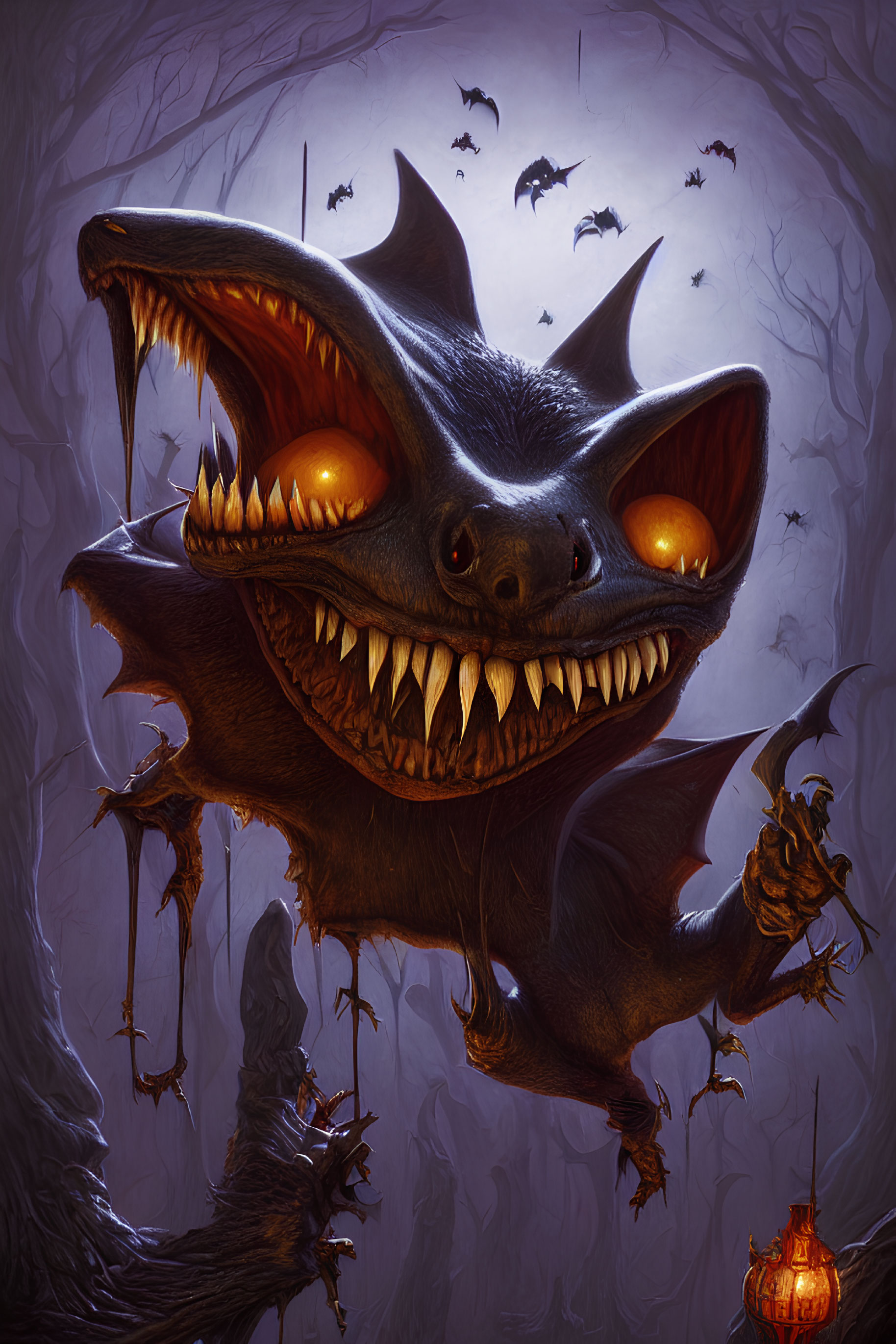 Spooky cartoon bat holding jack-o'-lantern in forest scene