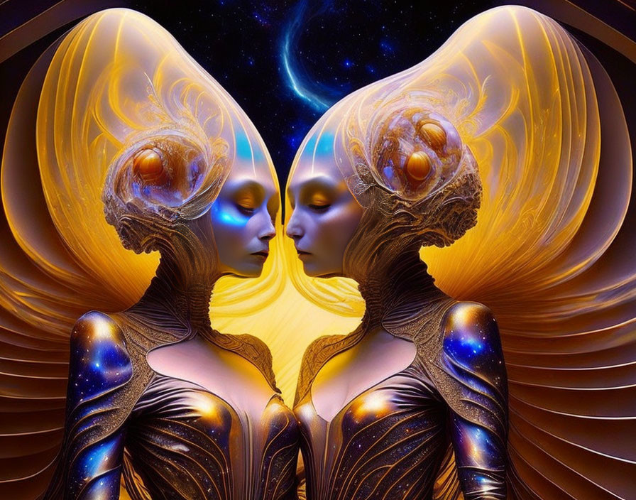 Symmetrical humanoid alien figures touch foreheads under starry sky