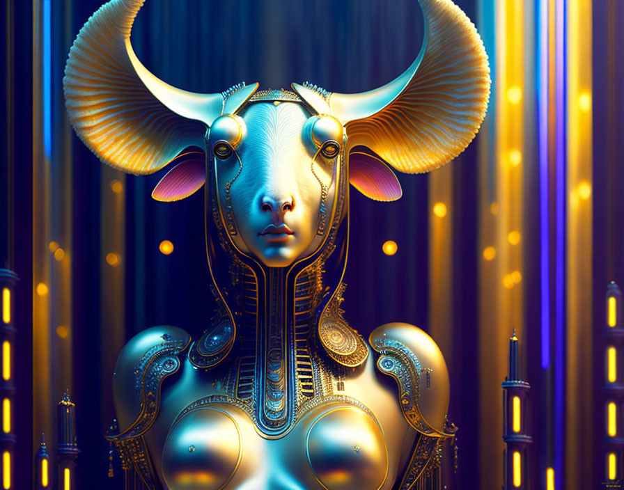 Futuristic metallic ram-headed humanoid in neon lights