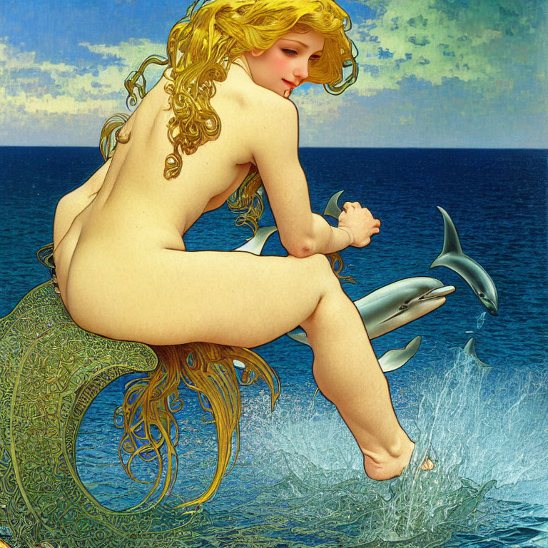 Mermaid with Golden Hair on Rock with Dolphins in Serene Sea