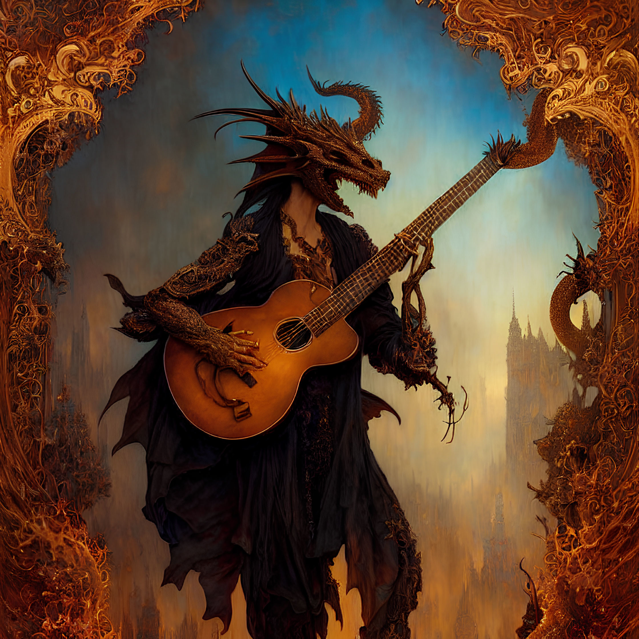 Dragon-headed humanoid playing guitar in ornate robes with golden patterns and mystical background