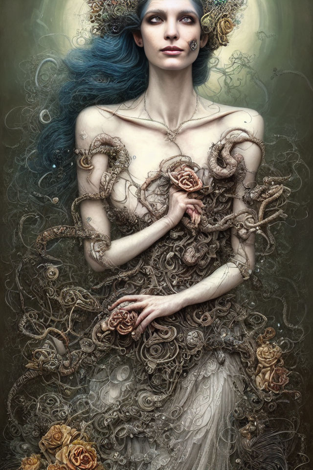 Surreal portrait of woman with blue hair and pale skin in ornate dress with brown vines and