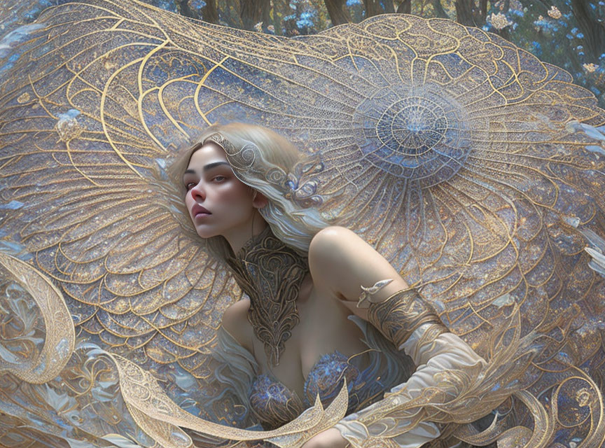 Fantasy illustration of woman with ethereal wings and ornate patterns