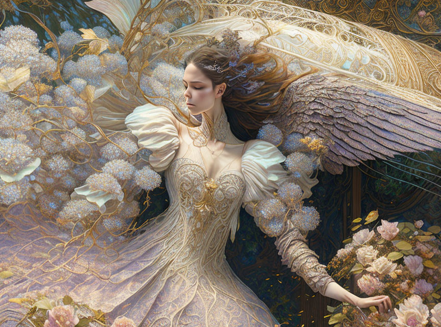 Ethereal woman with angelic wings in ornate dress amid golden, fantasy backdrop