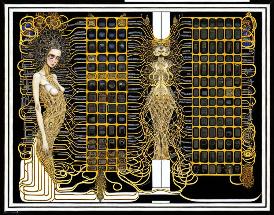 Art Nouveau-style illustration with intricate patterns and two female figures in black, gold, and white palette