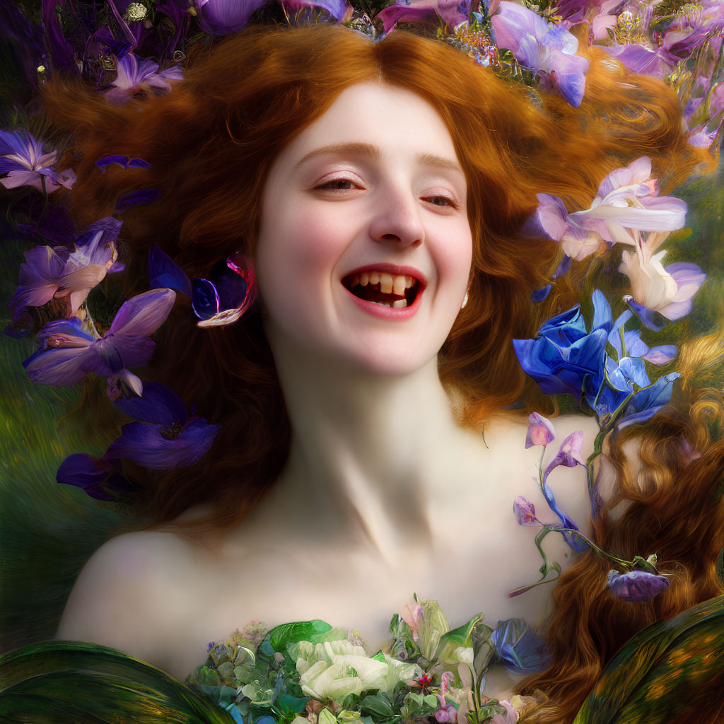 Red-haired woman laughing surrounded by vibrant flowers and butterfly in nature.