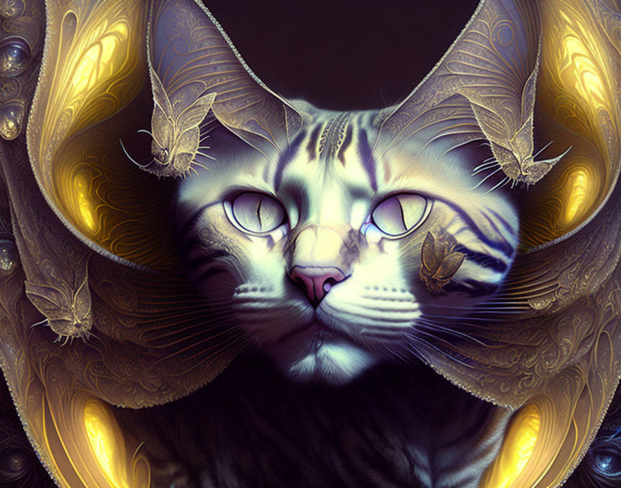 Fantastical cat with patterned fur and multiple eyes adorned with luminous creatures