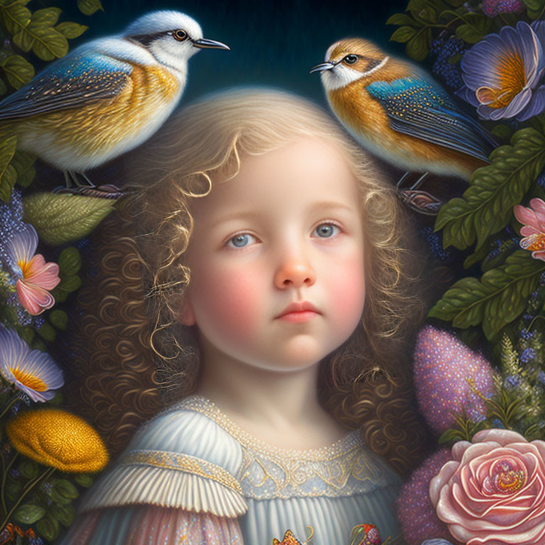 Young girl with golden curls and birds in lush floral setting on dark backdrop