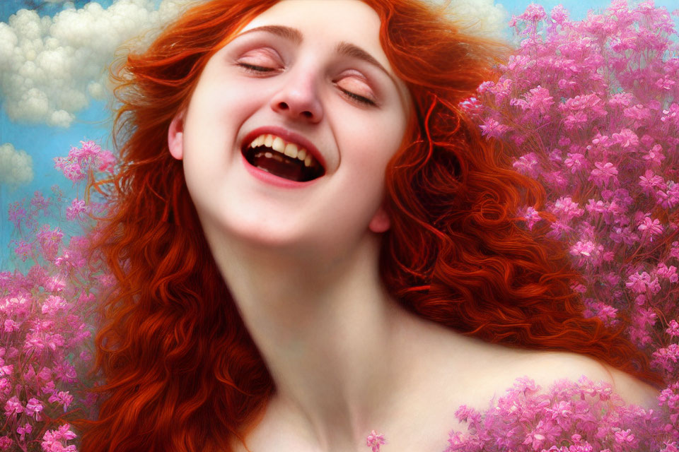 Vibrant red-haired woman laughing in pink flower field