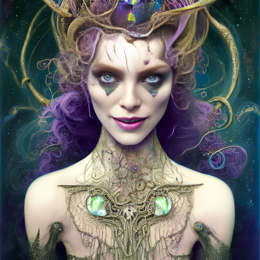 Vibrant purple-haired female figure with golden antler crown and glowing green eyes