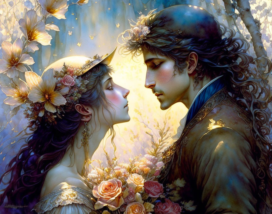 Ethereal artwork featuring man and woman in floral forest