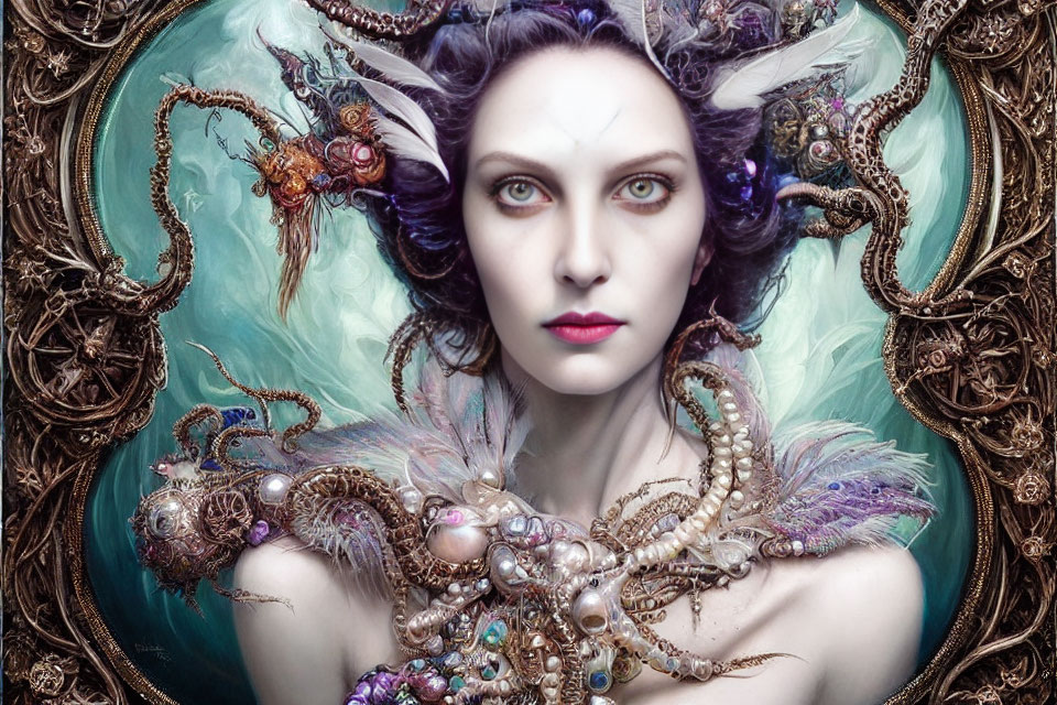 Fantastical portrait of a woman with pale skin and elfin ears adorned with jewelry and feathers.