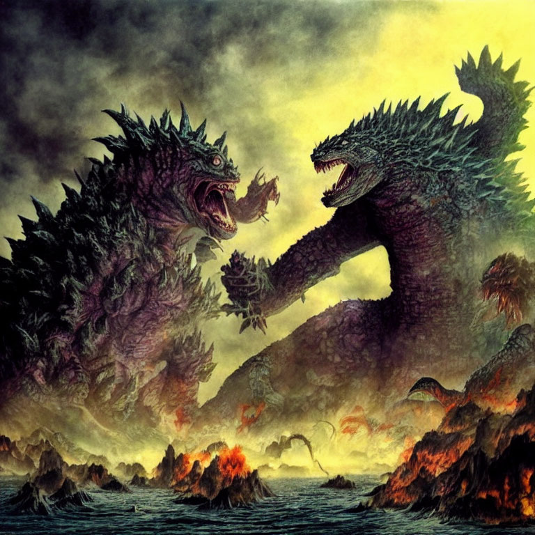 Monstrous creatures battle in fiery surroundings